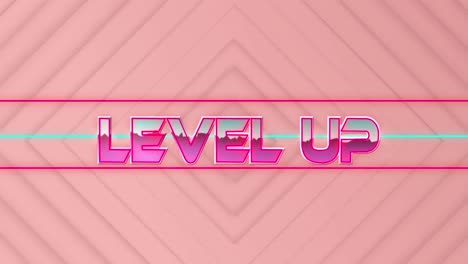 Animation-of-level-up-text-in-pink-metallic,-over-neon-lines-on-pink-diamond-shapes