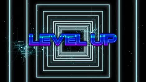 Animation-of-level-up-text-in-glowing-letters-over-neon-geometric-tunnel
