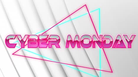 Animation-of-cyber-monday-text-in-pink-metallic-letters-over-neon-lines-on-white