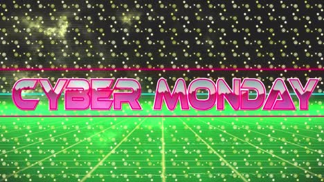 Cyber-monday-text-over-neon-banner-against-abstract-shapes-in-seamless-pattern-and-grid-network