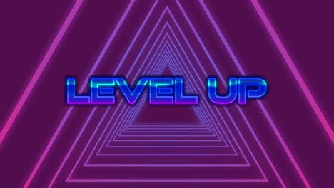 Animation-of-shiny-blue-text-level-up,-over-pink-neon-triangles-moving-on-purple-background