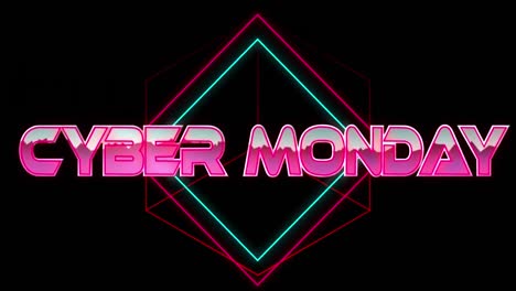 Animation-of-cyber-monday-text-in-pink-metallic-letters-over-neon-lines-on-black