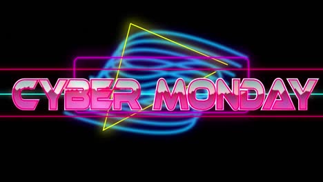 Animation-of-cyber-monday-text-in-pink-metallic-letters-over-neon-lines-on-black