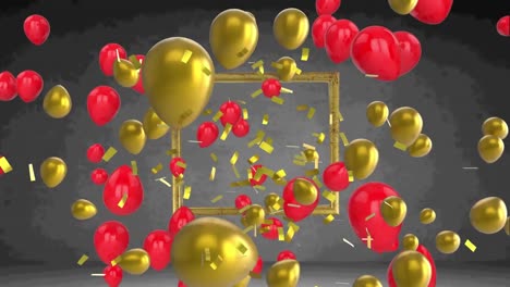 Animation-Von-Goldenen-Und-Roten-Luftballons,-Die-Sich-über-Den-Rahmen-Auf-Schwarzem-Hintergrund-Bewegen