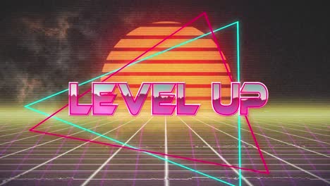 Animation-of-pink-text-level-up,-with-neon-triangles-over-white-grid-and-setting-sun