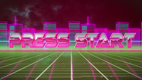 Animation-of-press-start-text-in-pink-metallic-letters-over-grid-and-neon-lines