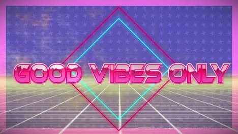 Good-vibes-only-text-over-neon-banner-against-grid-network-on-purple-background