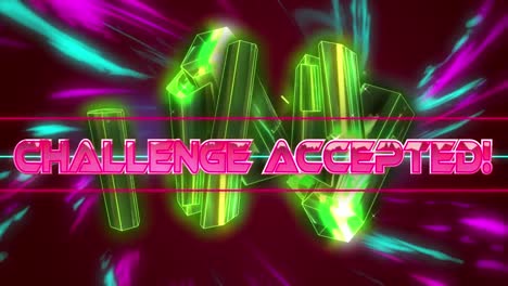 Challenge-accepted-text-over-neon-banner-against-digital-waves-and-golden-crystals-on-red-background