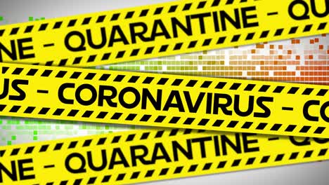 Animation-of-coronavirus-quarantine-warning-text-on-yellow-hazard-tape,-over-colourful-moving-pixels
