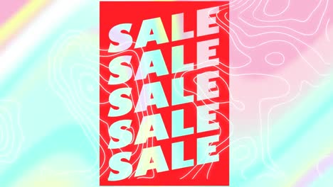 Animation-of-white-lines,-sale-text-in-white-letters-on-red-banner-over-pastel-background