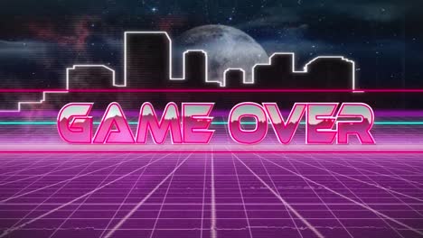 Digital-animation-of-game-over-text-over-neon-banner-against-purple-grid-network-and-cityscape