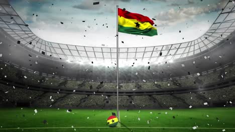 Konfetti-Fällt-über-Die-Wehende-Ghana-Flagge-Vor-Dem-Sportstadion-Im-Hintergrund