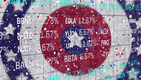 Animation-of-stock-market-over-american-flag-stars-and-coloured-on-circles