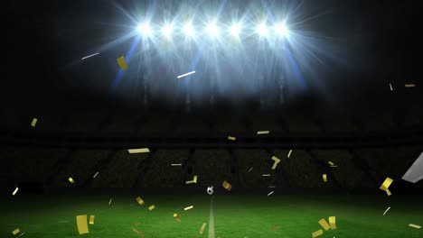 Fußball-Zerbricht-Glas-über-Goldenem-Konfetti,-Das-Gegen-Das-Sportstadion-Im-Hintergrund-Fällt