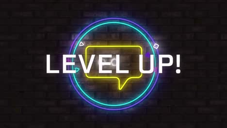 Digital-animation-of-level-up-text-over-neon-yellow-message-icon-on-round-banner-against-brick-wall