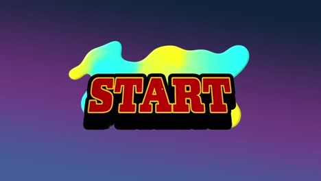 Animation-of-red-text-start,-over-explosion-and-yellow-and-blue-blob,-on-purple-background