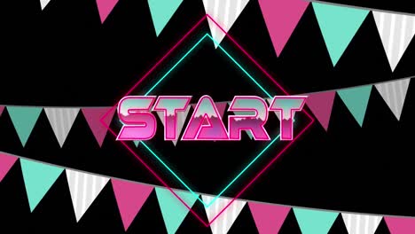 Animation-of-start-text-in-pink-metallic-letters-over-bunting