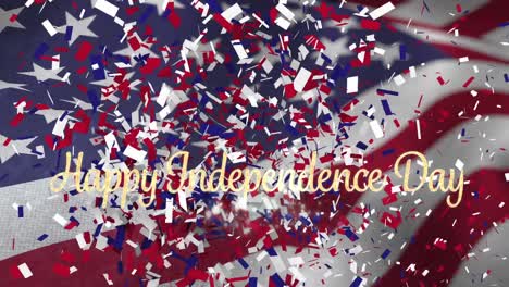 Animation-of-gold-text-happy-independence-day-and-confetti-falling-over-waving-american-flag