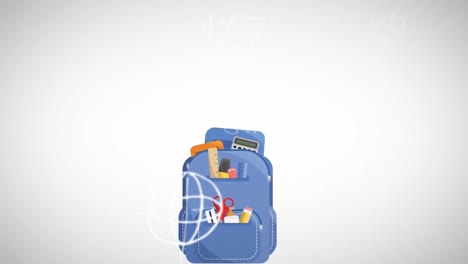 Animation-Mathematischer-Zeichnungen-Und-Formeln-über-Rucksack-Auf-Weißem-Hintergrund