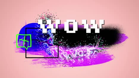 Animation-of-white-pixel-text-wow,-over-colourful-paint,-on-pink