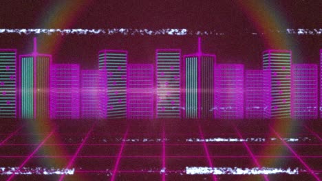 Animation-of-white-lines-of-interference,-with-rainbow-halo-over-pink-and-blue-grid-and-cityscape