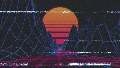 Animation-of-lines-of-distortion,-over-moving-pink-grid-with-orange-sun-and-black-landscape