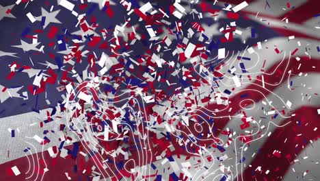 Animation-of-contour-lines-and-red,-white-and-blue-confetti-falling-over-waving-american-flag