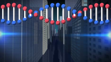 Animation-Eines-Rotierenden-DNA-Strangs-Und-Lichts-über-Dem-Modernen-Stadtbild
