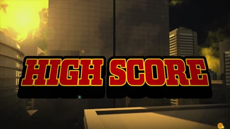 Animation-of-red-text-high-score,-over-explosion-and-sunset-cityscape