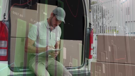 Animation-of-statistics-and-data-processing-over-delivery-man-with-clipboard-in-van