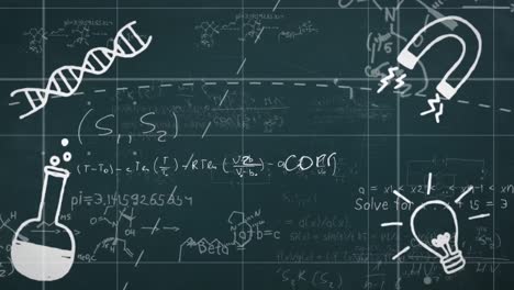 Digital-animation-of-multiple-science-concept-icons-over-mathematical-equations-on-black-background