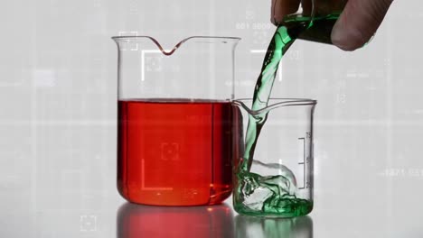Animation-of-data-processing-over-scientist-pouring-liquid-into-beaker