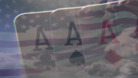 Animation-Von-Spielkarten-Mit-Vier-Assen-über-Der-Amerikanischen-Flagge