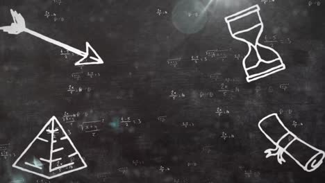 Animation-Mathematischer-Zeichnungen-Und-Formeln-über-Lichtern-Auf-Dunklem-Hintergrund