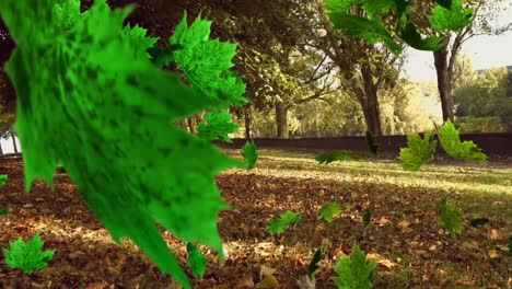 Animation-Mehrerer-Blätter,-Die-über-Grünen-Wald-Fallen