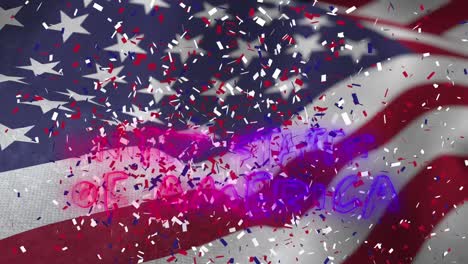 Animation-Des-Textes-Vereinigte-Staaten-Von-Amerika-Und-Konfetti,-Die-über-Die-Wehende-Amerikanische-Flagge-Fallen