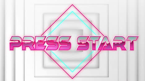 Animation-of-press-start-text-in-pink-metallic,-over-neon-lines-on-white-squares