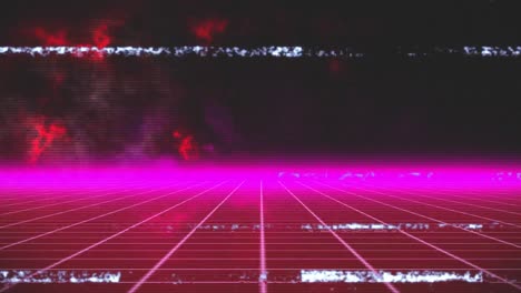 Animation-of-lines-of-distortion,-over-moving-pink-grid-with-glowing-horizon-and-red-clouds