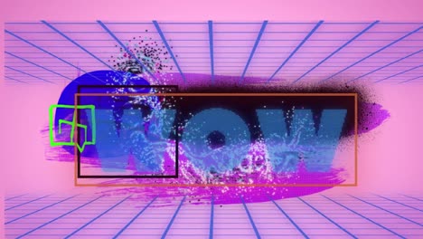 Animation-of-blue-text-wow,-over-colourful-paint-and-blue-grid,-on-pink