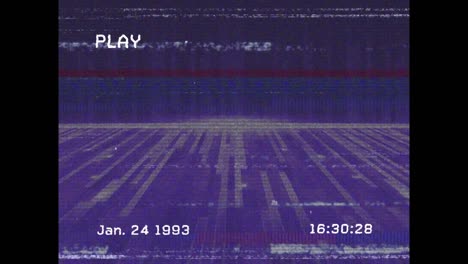 Animation-of-playback-interface-with-lines-of-distortion,-over-moving-purple-floor-and-waterfall