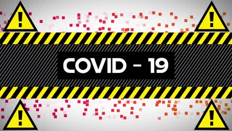 Animation-Von-Covid-19-Text-Und-Gefahrendreiecken-über-Roten,-Sich-Bewegenden-Pixeln