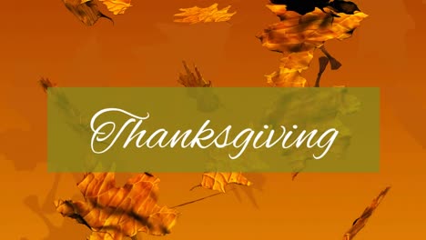 Animation-of-thanksgiving-text-on-green-banner-over-autumn-leaves-falling