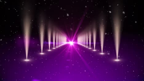 Animation-of-snow-falling-at-red-carpet-venue,-with-purple-light-and-white-spotlights
