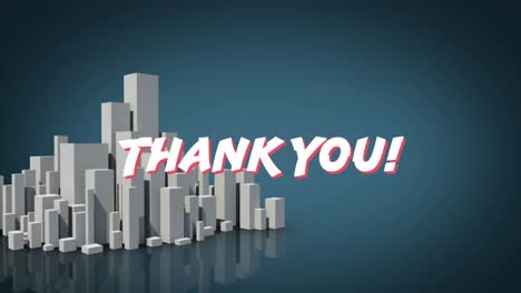 Animation-of-white-text-thank-you,-over-modern-cityscape