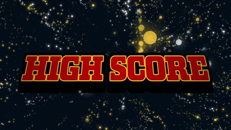 Animation-of-red-text-high-score,-over-explosion-and-orange-and-white-light-spots-on-black