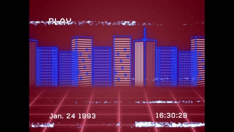 Animation-of-playback-interface-with-moving-pink-grid-and-blue-cityscape
