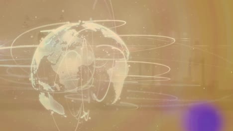 Digitale-Animation-Von-Lichtspuren-über-Einem-Sich-Drehenden-Globus-Vor-Grauem-Hintergrund