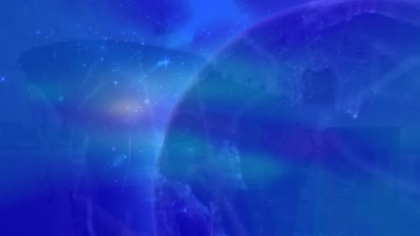 Digital-animation-of-light-trails-over-spinning-globe-against-blue-background