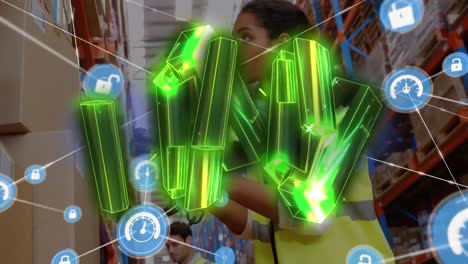 Animation-of-green-blocks-and-network-of-connections-with-icons-over-woman-working-in-warehouse