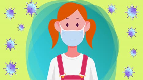 Animation-of-pictogram-of-girl-wearing-face-mask-with-covid-19-cells-floating
